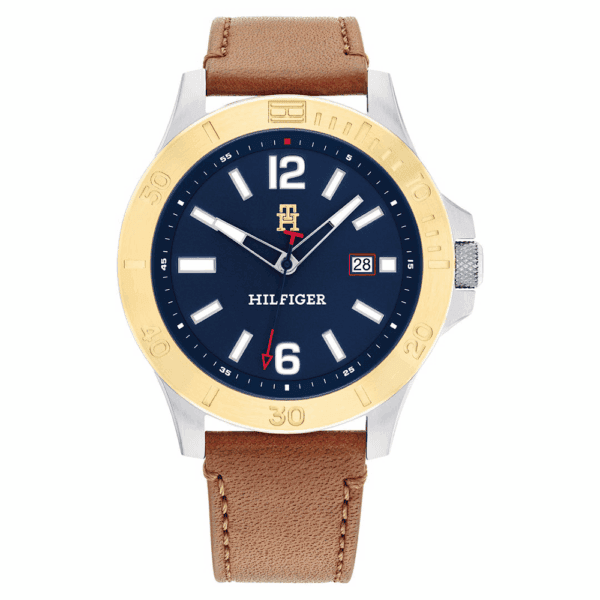 Tommy Hilfiger Ceas pentru bărbați 1710529 Ryan, ton argintiu + coroană aurie cu cadran albastru, mecanism Epson VX42E Quartz